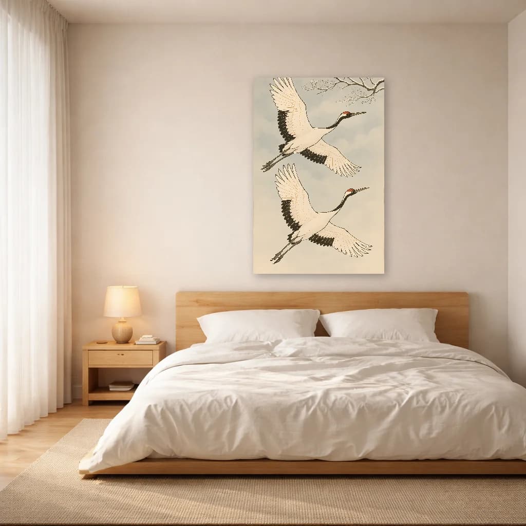 Cranes Rossi in Volo - Arte Giapponese da Parete - Room Scene 3