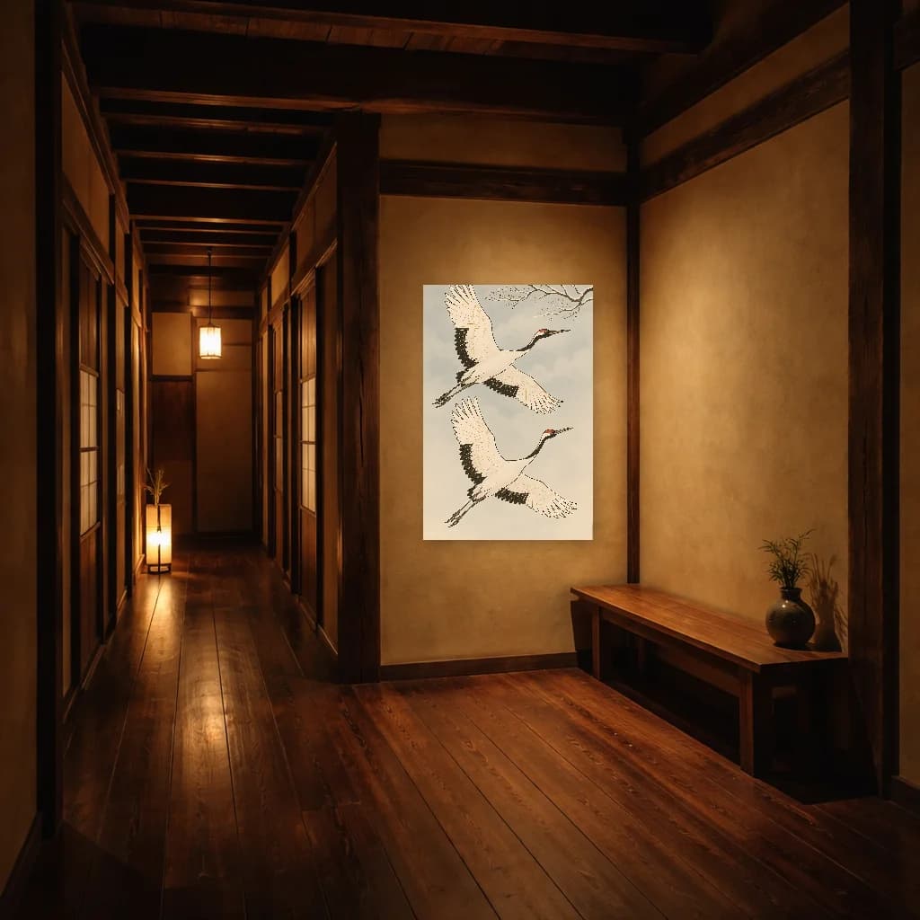 Cranes Rossi in Volo - Arte Giapponese da Parete - Room Scene 5