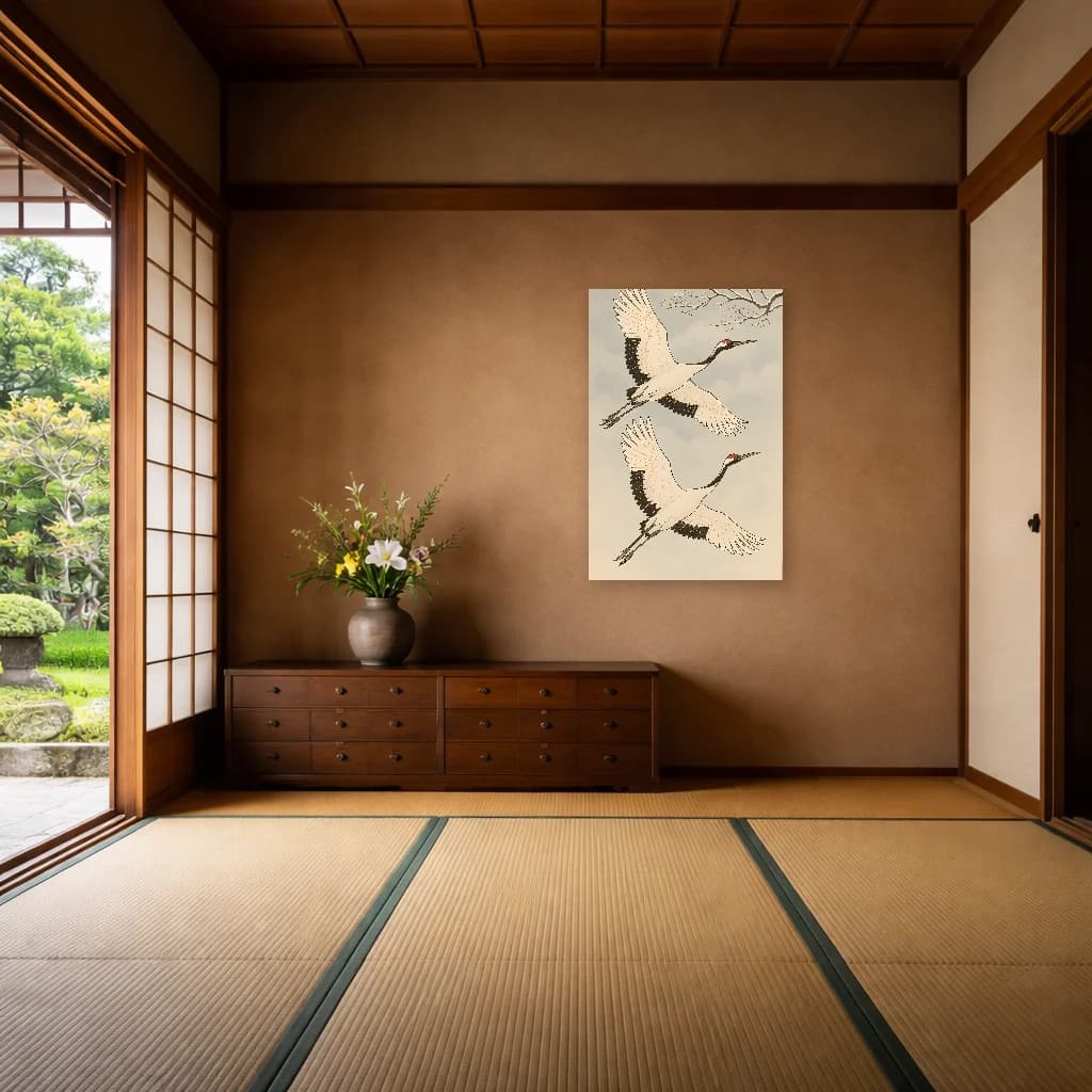 Cranes Rossi in Volo - Arte Giapponese da Parete - Room Scene 6