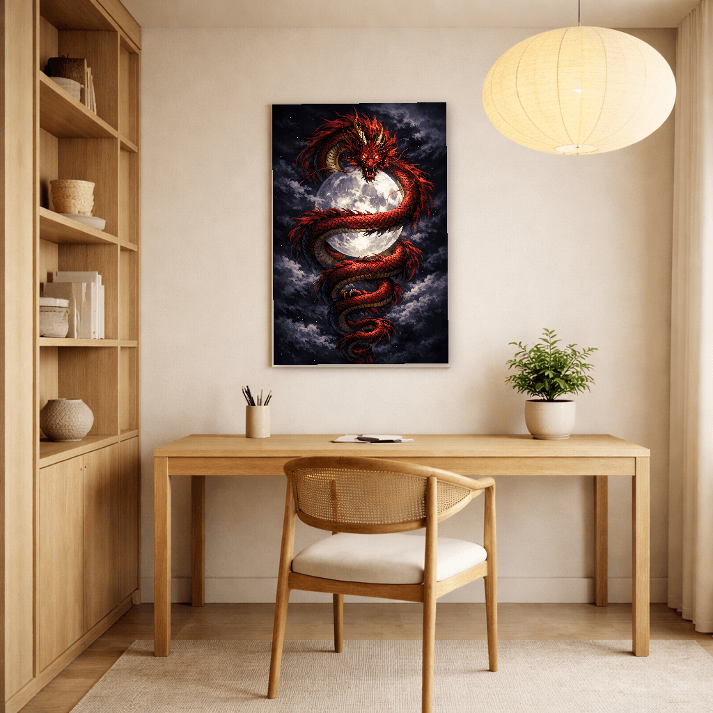 Drago Rosso e Luna - Arte Murale Giapponese - Room Scene 2