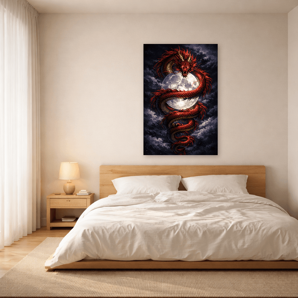 Drago Rosso e Luna - Arte Murale Giapponese - Room Scene 3