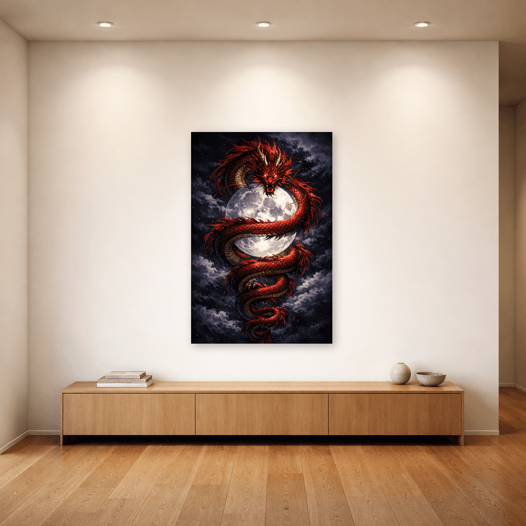 Drago Rosso e Luna - Arte Murale Giapponese - Room Scene 4